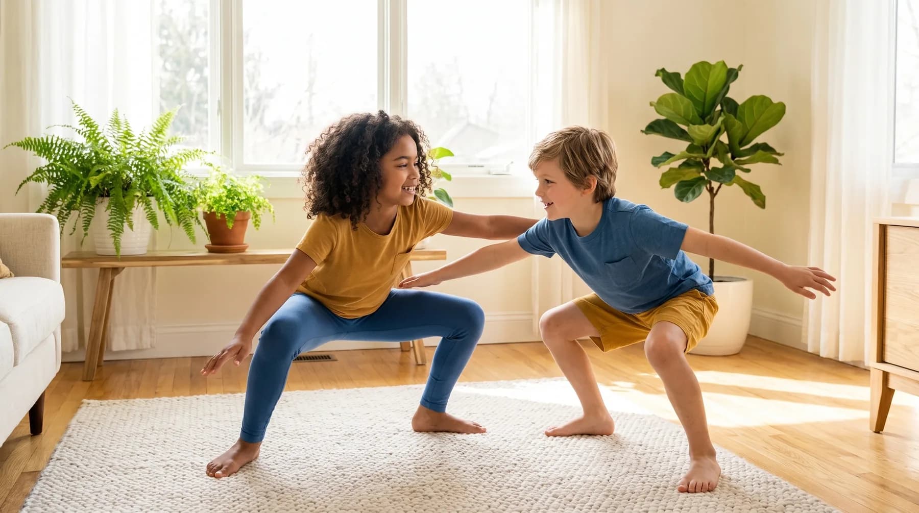 Two children enjoying active play together at home